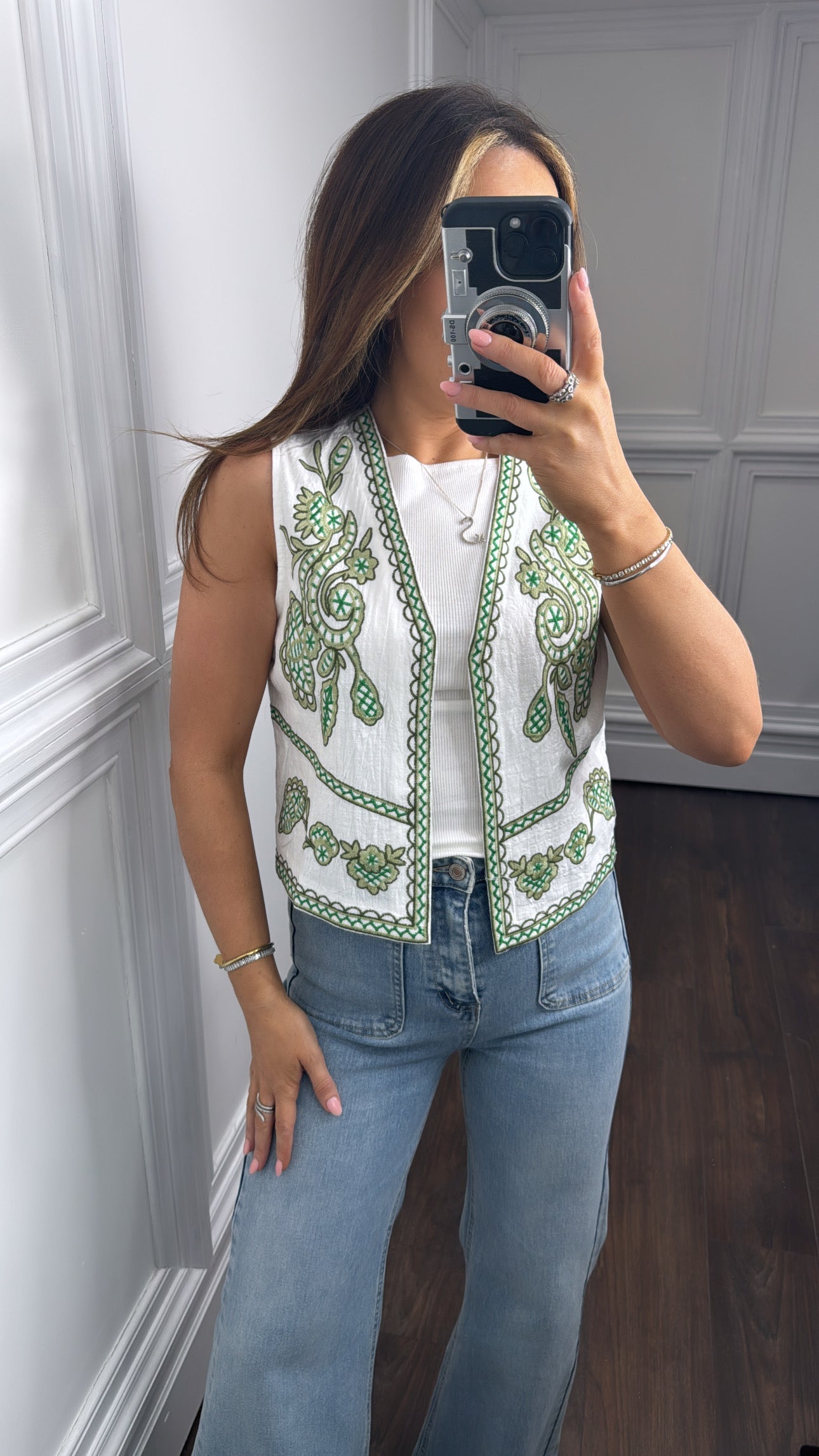 LEONA green and white detail waist jacket