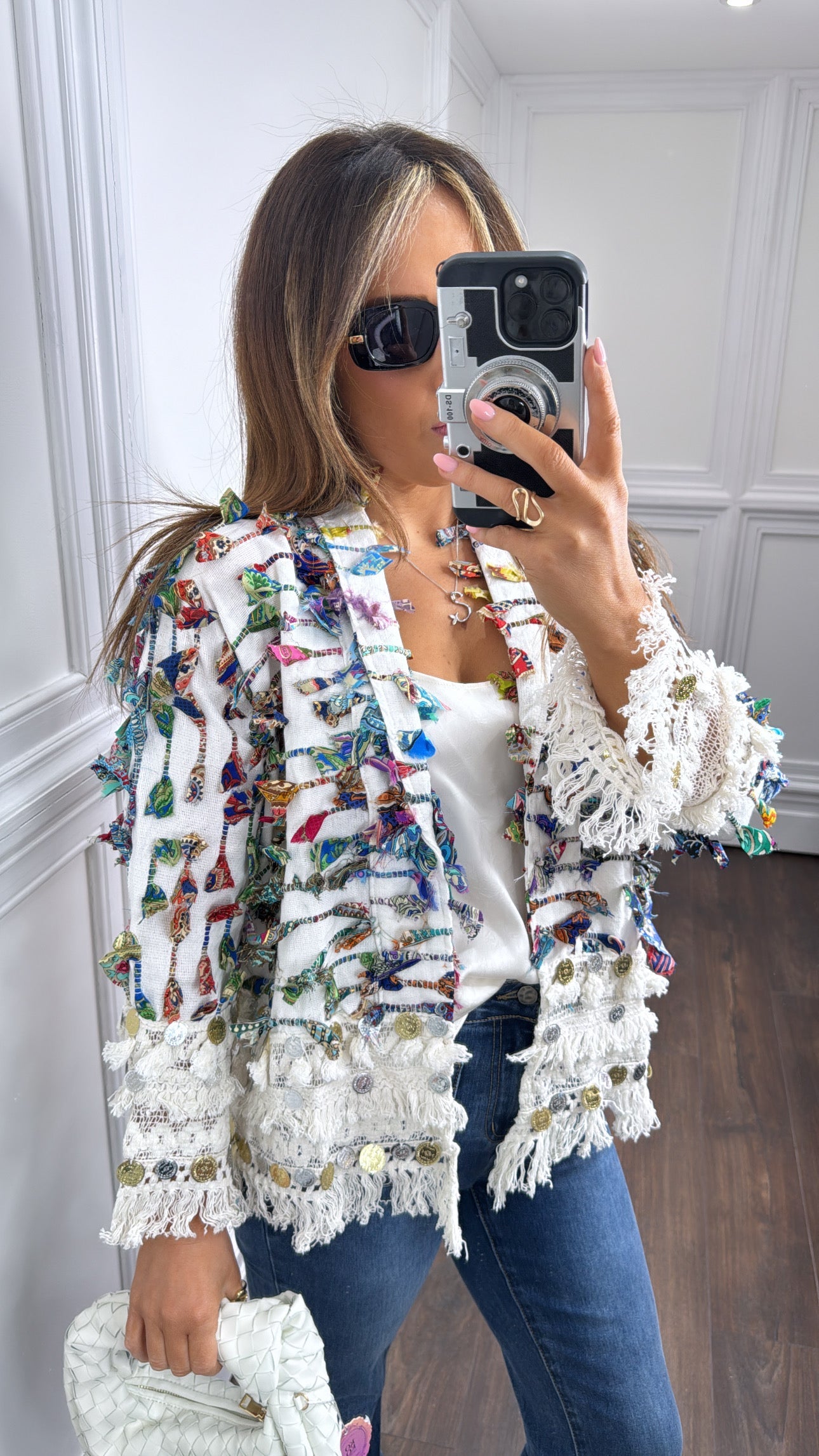 COLEEN white ruffle & coin detail linen jacket