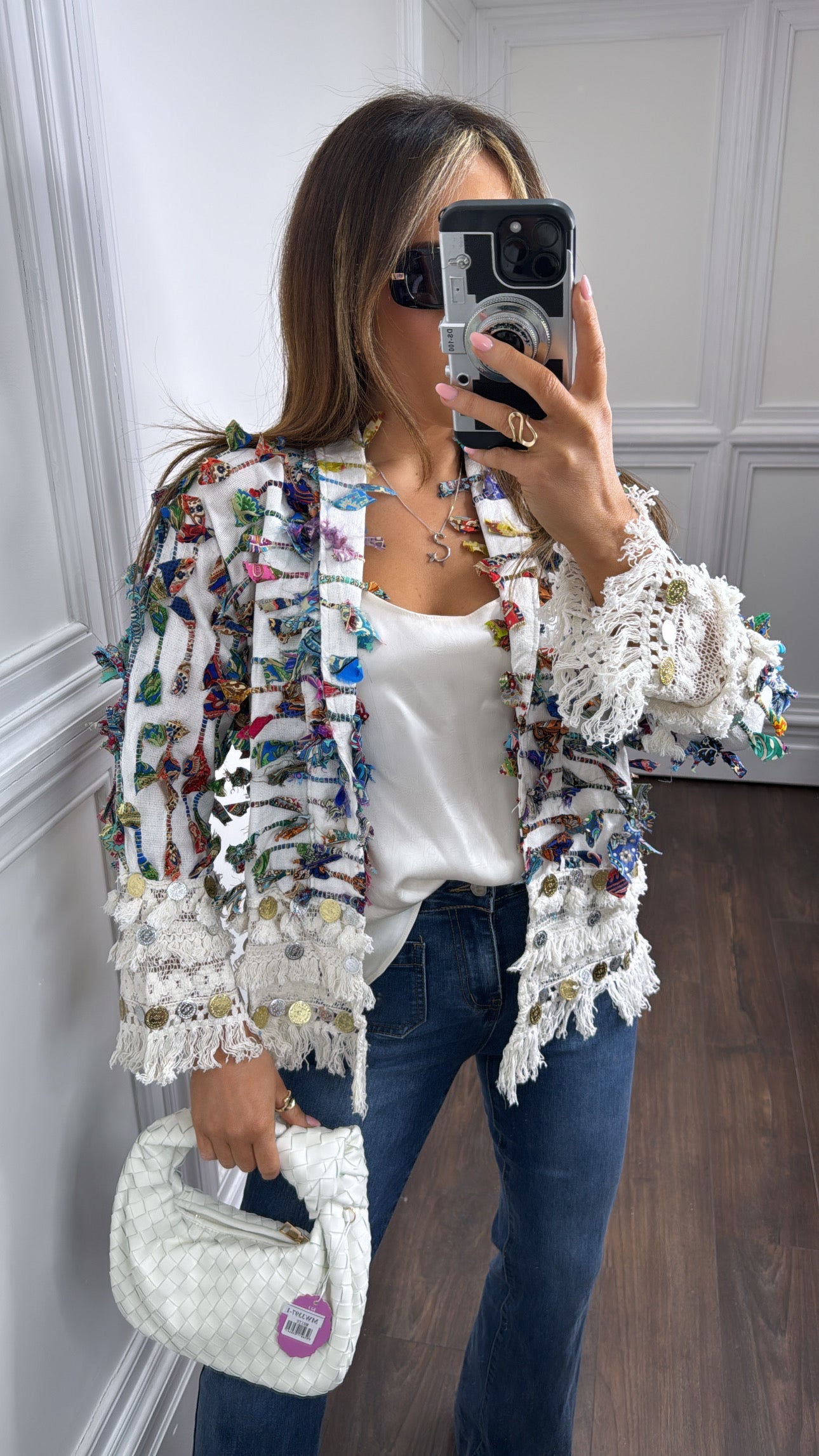 COLEEN white ruffle & coin detail linen jacket