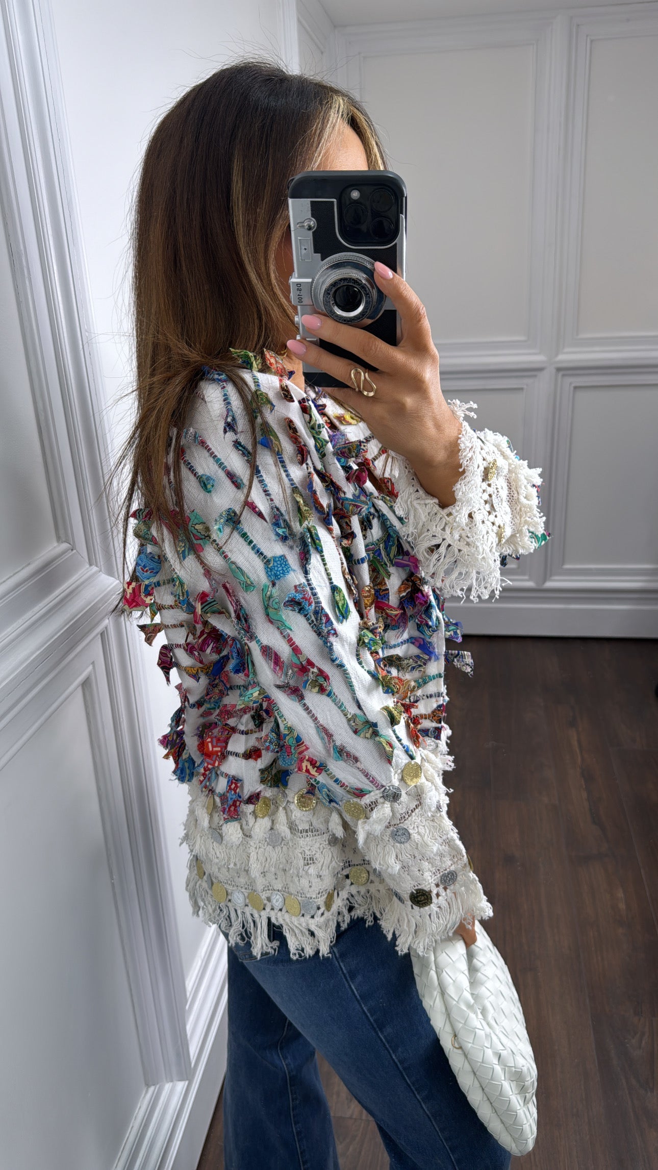 COLEEN white ruffle & coin detail linen jacket