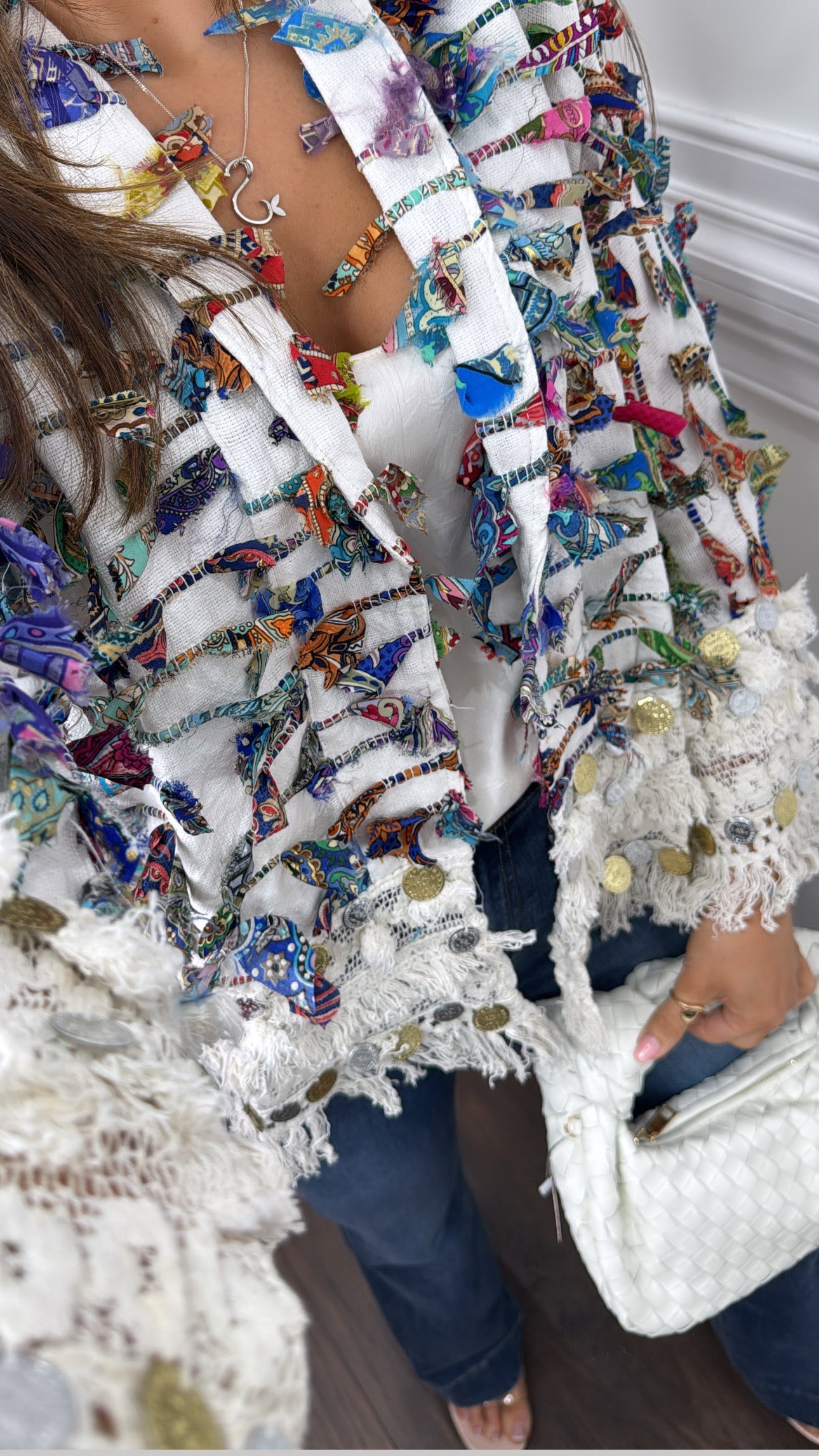 COLEEN white ruffle & coin detail linen jacket