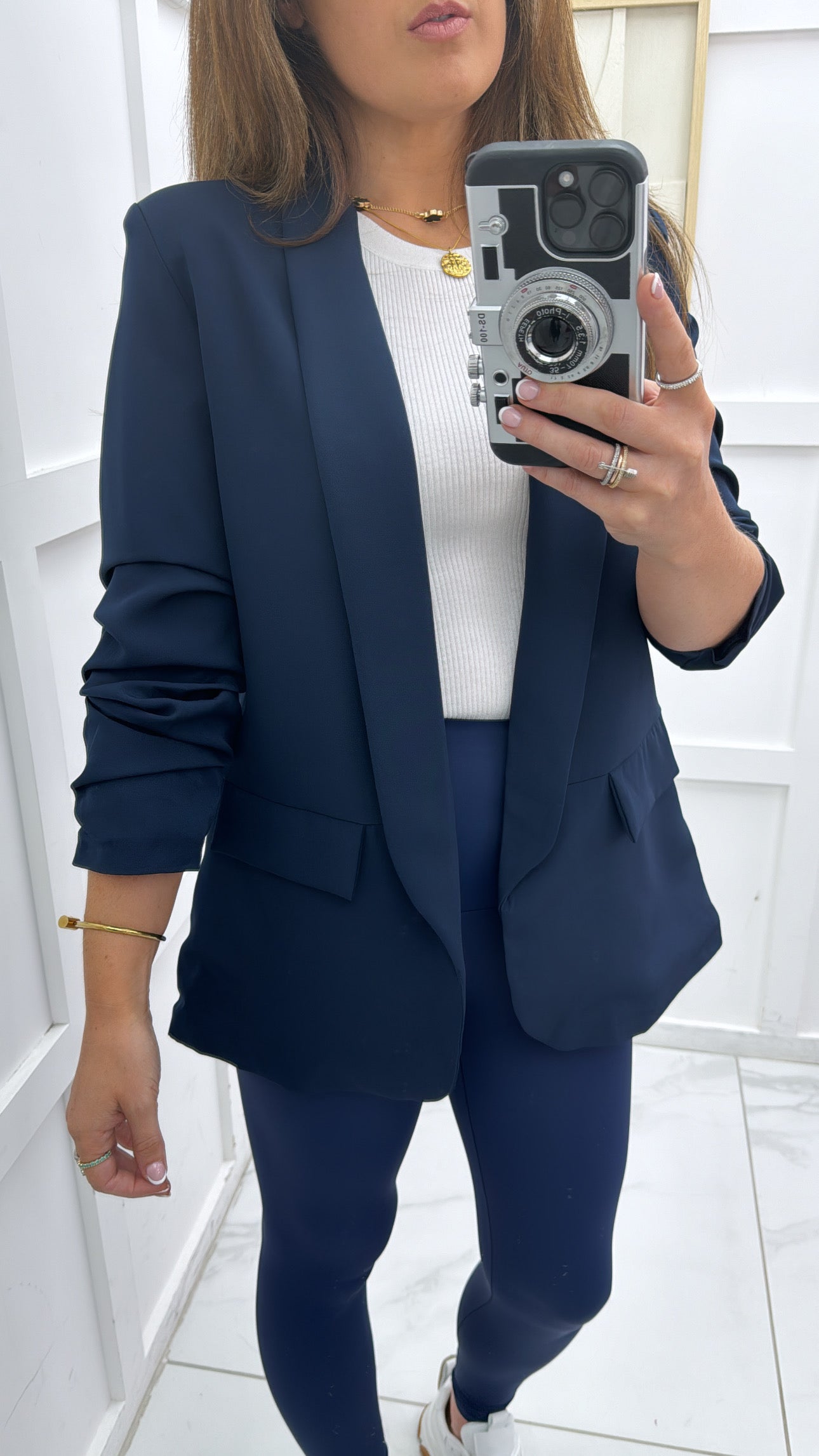 LOUISA navy ruched sleeve blazer