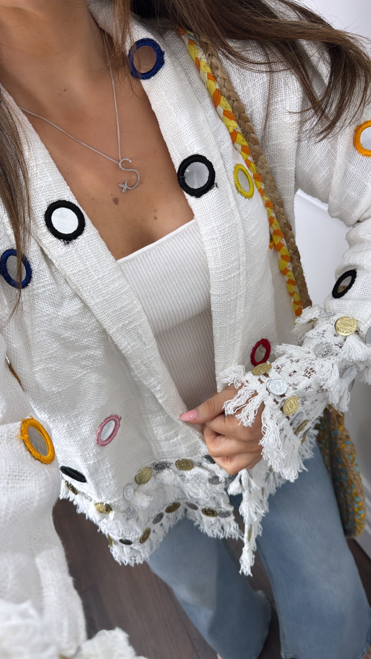 GABBY white tassel and coin detail jacket