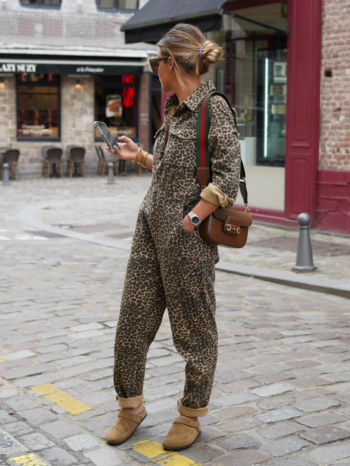 Modestique london-sleeved jumpsuit with leopard print
