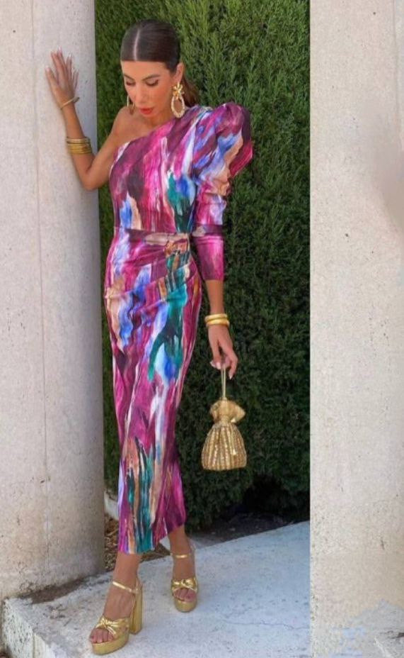 Yllana - Lilac Puff One-Shoulder Midi Dress