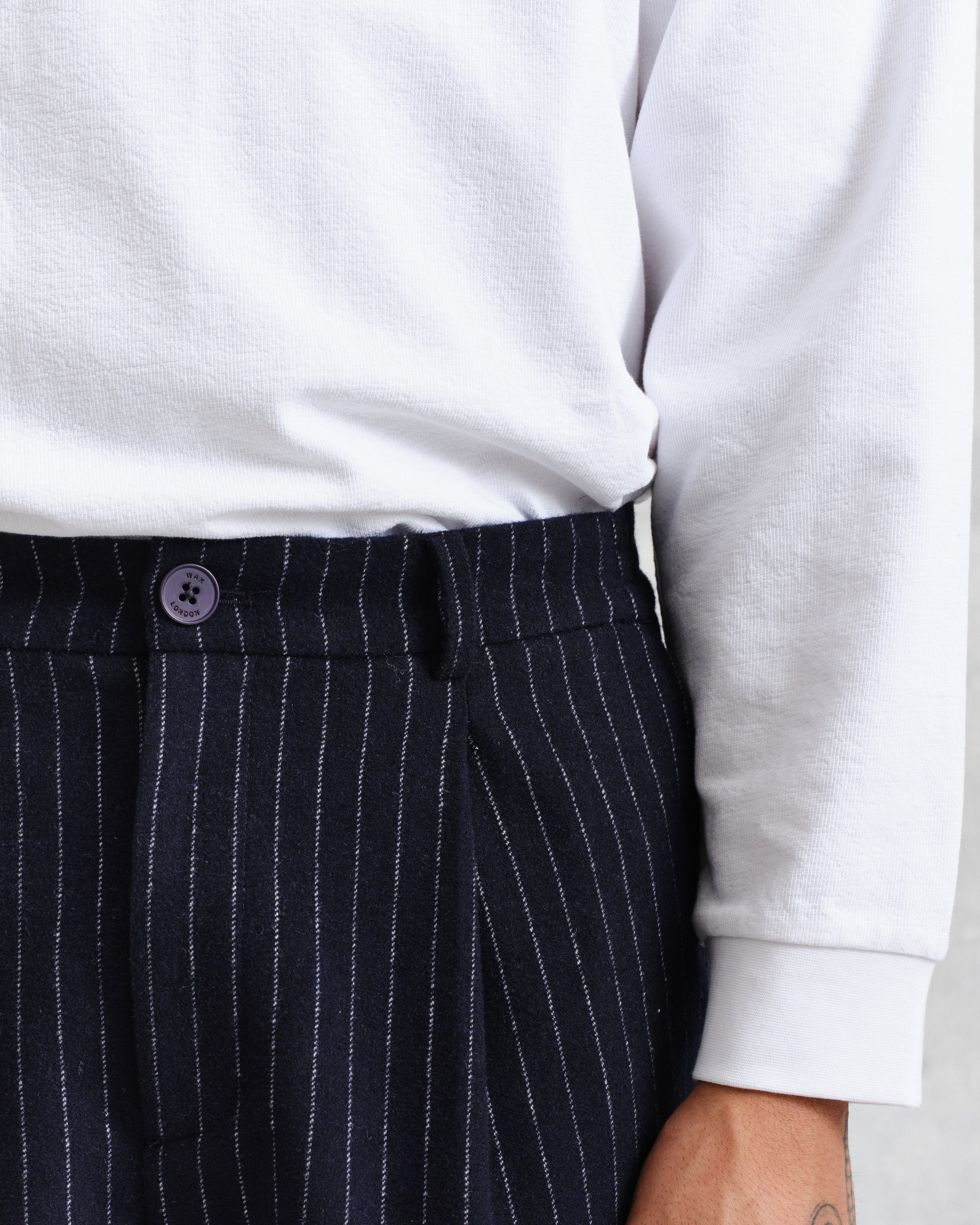 Modestique london™| Navy Pinstripe Wool Trousers