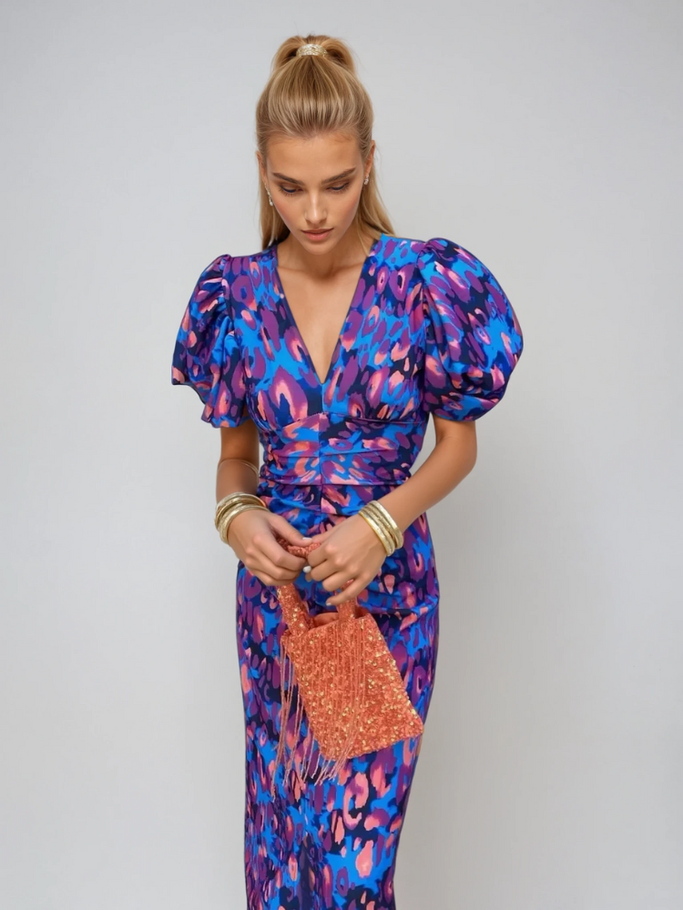 Arielle - Colourful Midi Dress with Pleated Sleeves