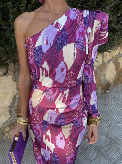 Yllana - Lilac Puff One-Shoulder Midi Dress