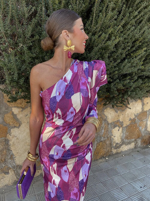 Yllana - Lilac Puff One-Shoulder Midi Dress