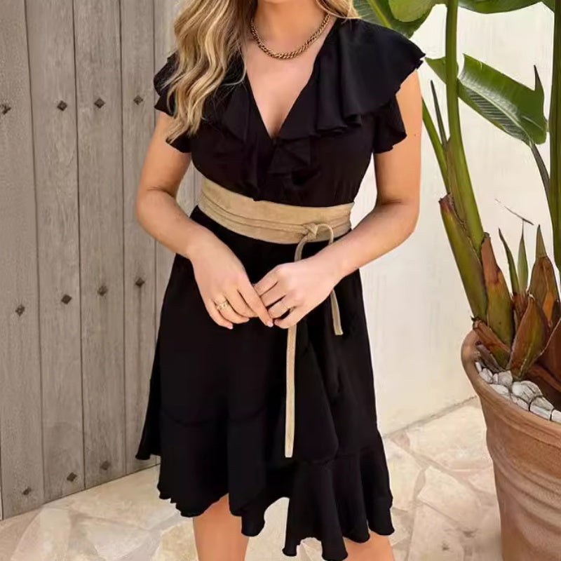 Modestique london|  Waist Tie V-Neck Ruffle Dress