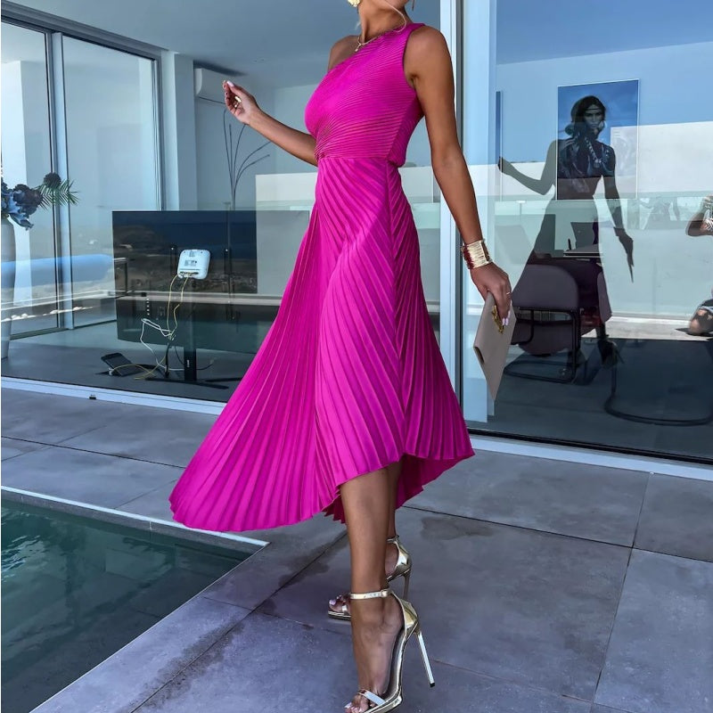 One-Shoulder Pleated Hollow Maxi Dress