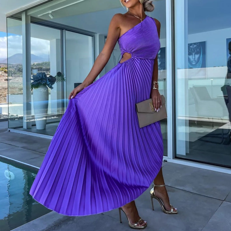 One-Shoulder Pleated Hollow Maxi Dress